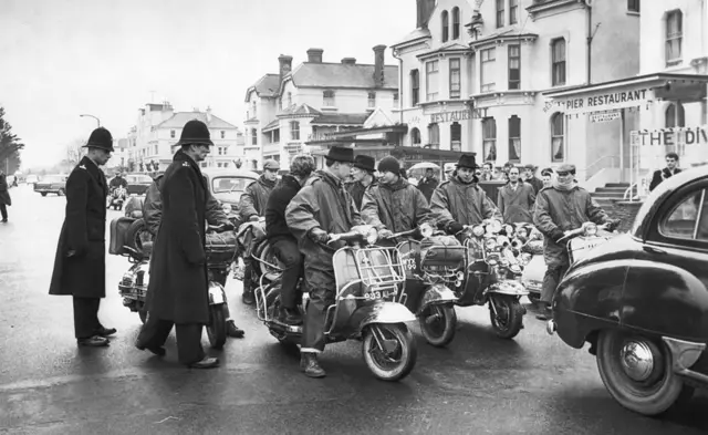 Mods on scooters at Clacton-On-Sea in Essex