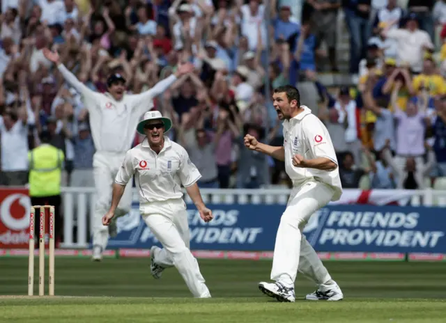 Steve Harmison celebrates England's Test victory against Australia