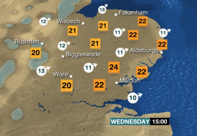 Weather map for East of England, 15:00 Wednesday