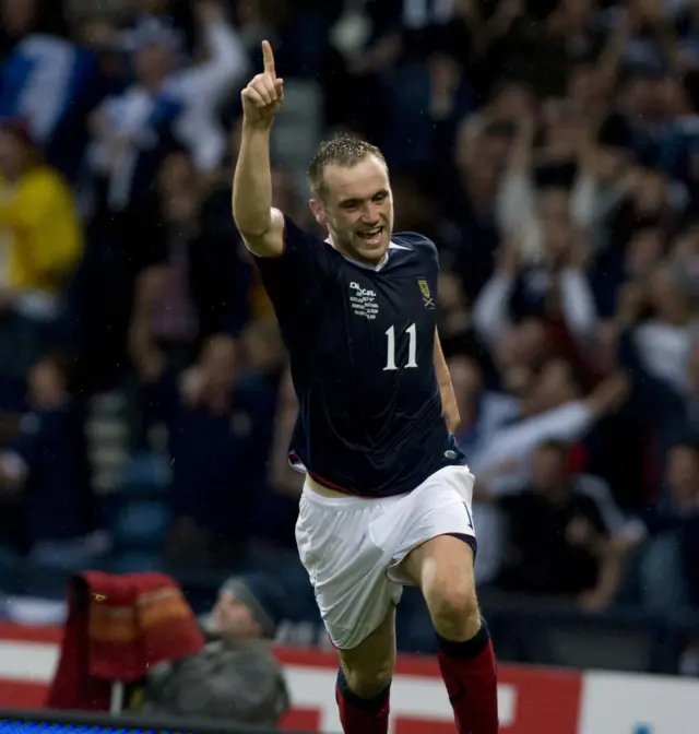 James McFadden celebrates scoring for Scotland against Macedonia in a 2-0 win at Hampden at 2009