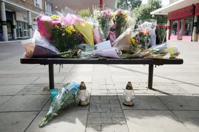 Flowers on a bench in Harlow