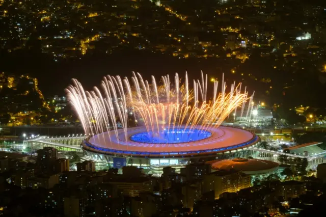 Fireworks are seen during a rehearsal of the opening ceremony of the Rio 2016 Olympic Games in Rio de Janeiro on August 3, 2016