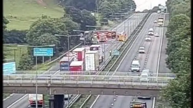 Lorry fire scene shortly after blaze put out on M6