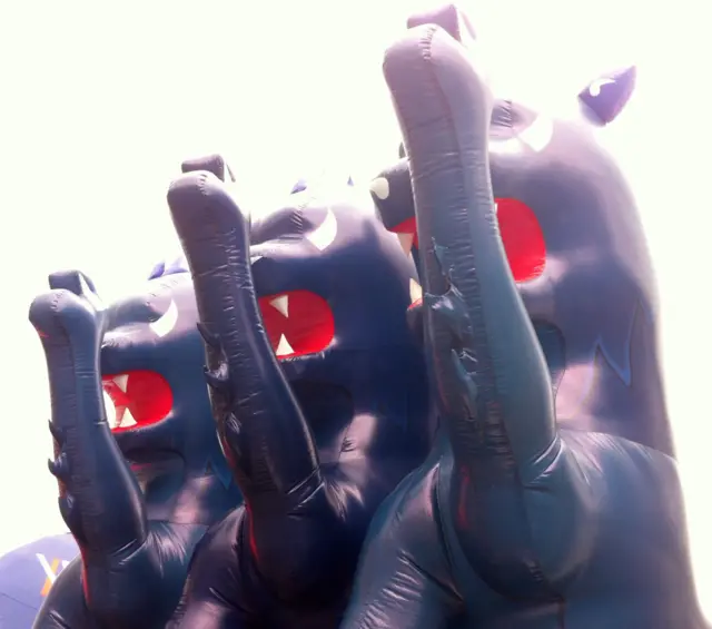 Three inflatable lions representing England cricket crest