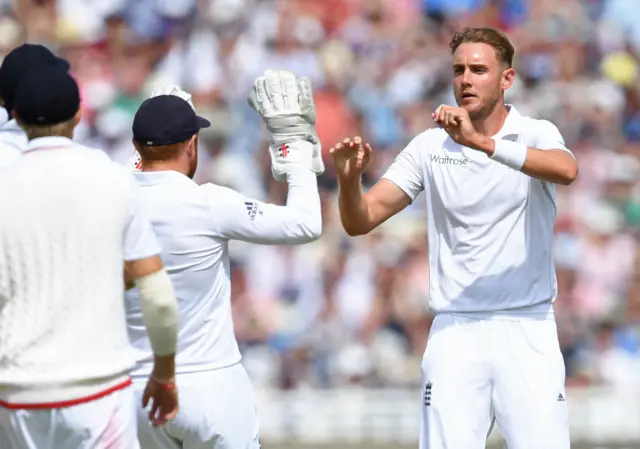 Broad celebrates taking Shafiq's wicket