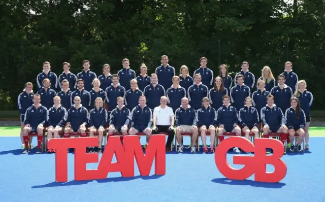 Britain's hockey teams pose for a photo