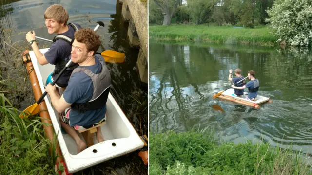 Mark Brockway and Jack Burrows in their bath tub boat