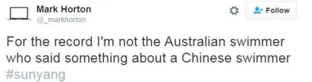 Tweet from Mark Horton reads: For the record I'm not the Australian swimmer who said something about a Chinese swimmer