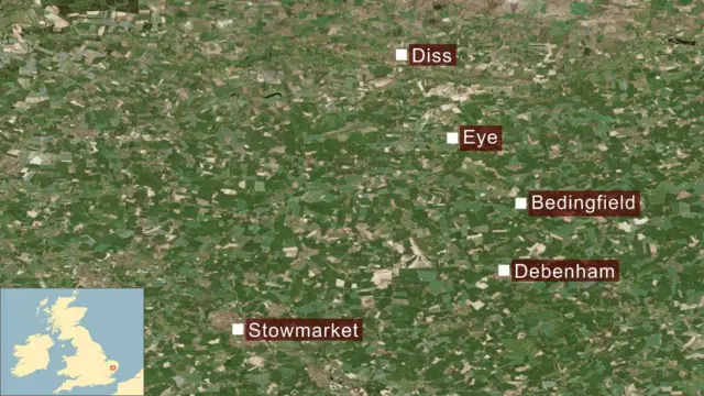 Map showing Debenham and Bedingfield