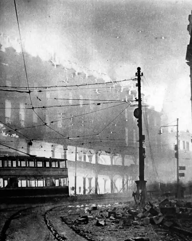 Bombed buildings and tram in Sheffield Blitz