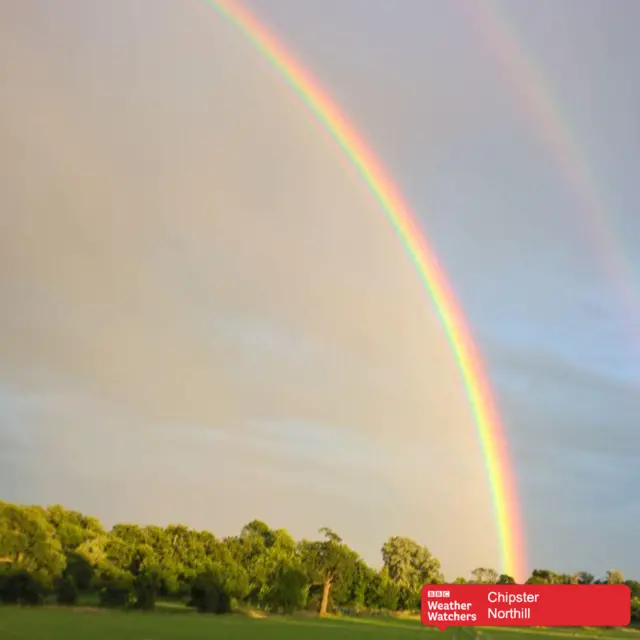 Rainbow over field in Northill, Beds