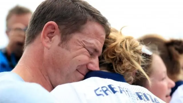 Steve Backshall hugs Helen Glover at Rio Olympics