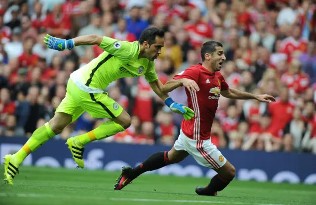 Henrikh Mkhitaryan in action with Claudio Bravo