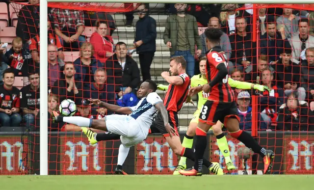 West Bromwich Albion"s Saido Berahino shoots