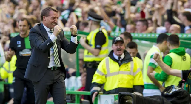 If Brendan Rodgers was this happy at Celtic's third, how must he be feeling after Dembele rattled in his team's fourth and with Rangers down to 10 men?