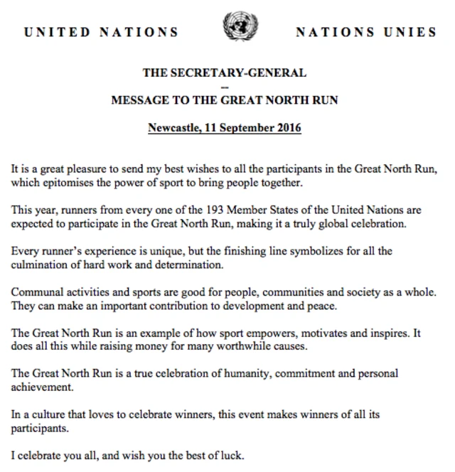 Letter from United Nations secretary general Ban Ki-moon