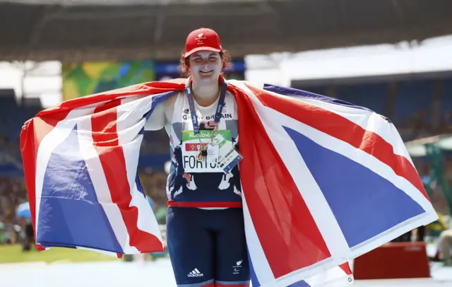 Sabrina Fortune celebrates winning bronze in the F20 shot put at the Rio Paralympics