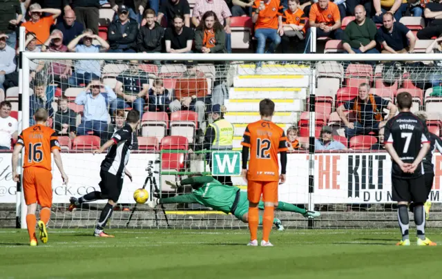 Cammy Bell saves for Dundee United as he keeps out Nicky Clark's penalty, his second penalty save of the day