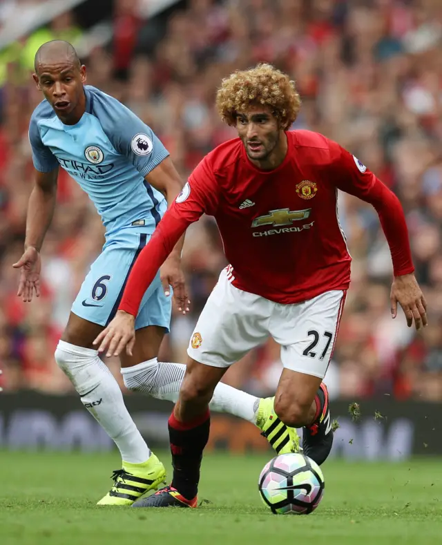 United's Marouane Fellaini in action with City's Fernando