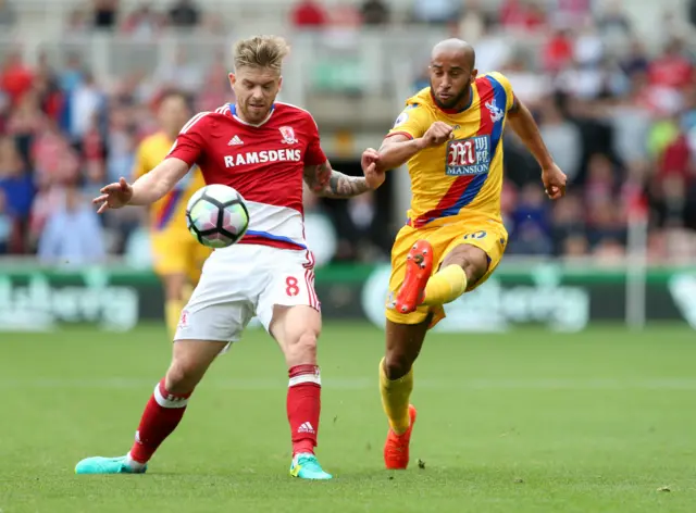 Middlesbrough's Adam Clayton in action with Crystal Palace's Andros Townsend