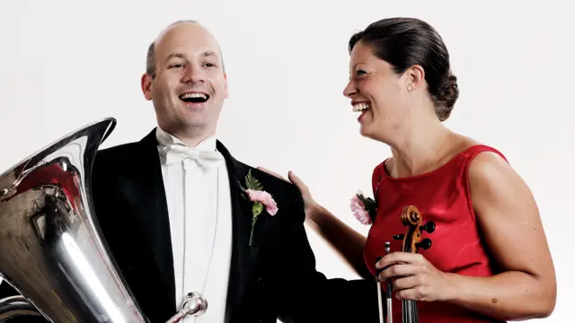 Jonathan Riches (tuba) and Jenny King (violin) from the BBC Symphony Orchestra getting into the spirit