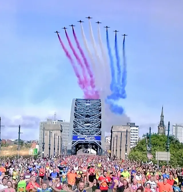 The Red Arrows fly over the Tyne Bridge during the Great North Run