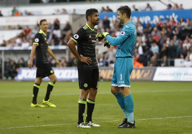 Chelsea's Diego Costa talks to Swansea City's Lukasz Fabianski