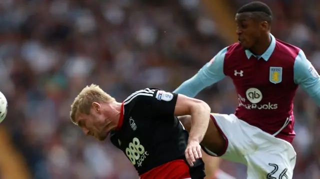 Nottingham Forest's Damien Perquis heads under pressure from Aston Villa's Jonathan Kodija