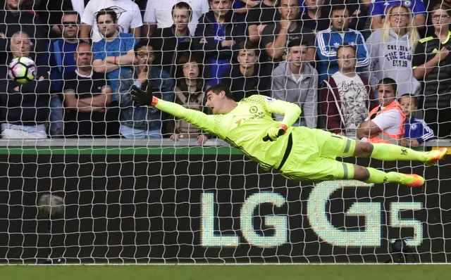 Chelsea keeper Thibaut Courtois goes to save Sigurdsson's wide shot