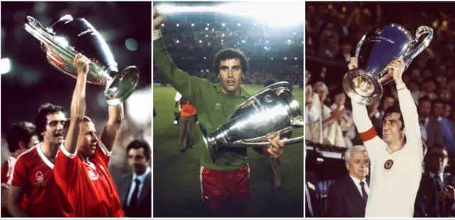 John McGovern (left) lifts the European Cup in 1979, Peter Shilton (centre) with the cup in Forest hands again in Madrid in 1980 and Dennis Mortimer lifts the trophy in 1982 for Aston Villa