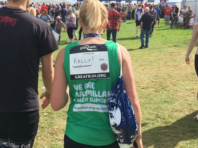 Personal message on the back of a runner who has finished the Great North Run