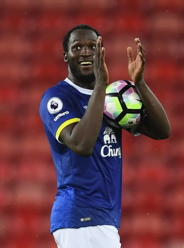 Lukaku with his hat-trick match ball