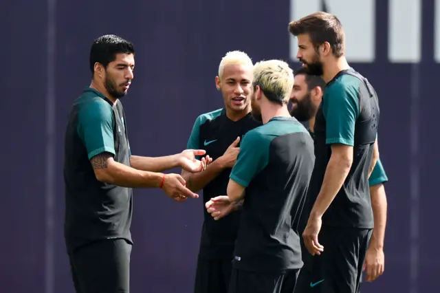 Luis Suarez, Neymar, Lionel Messi and Gerard Pique