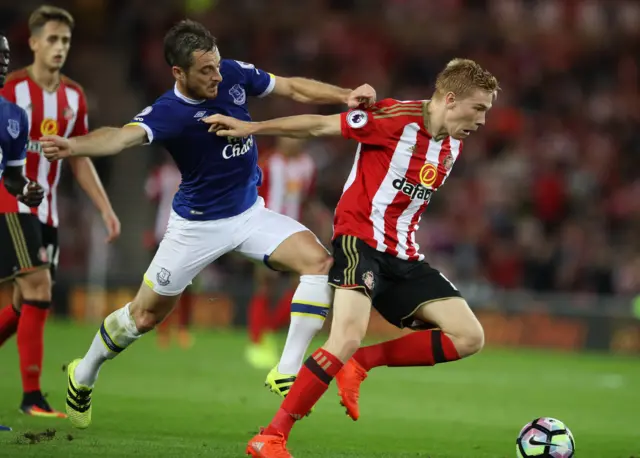 Sunderland's Duncan Watmore tries to get away from Everton's Leighton Baines