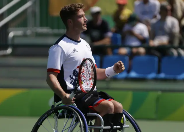 Alfie Hewett, in wheelchair, on court