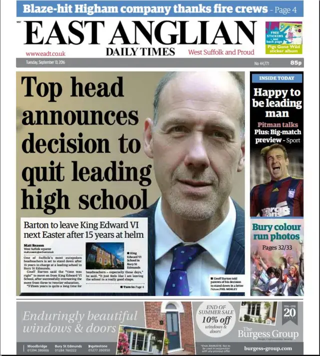 Front page of west edition of EADT