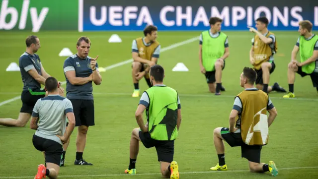 Celtic boss Brendan Rodgers oversees training at the Nou Camp last night