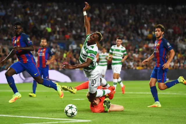 Moussa Dembele is brought down to win a penalty for Celtic, but the Frenchman's subsequent spot kick was saved