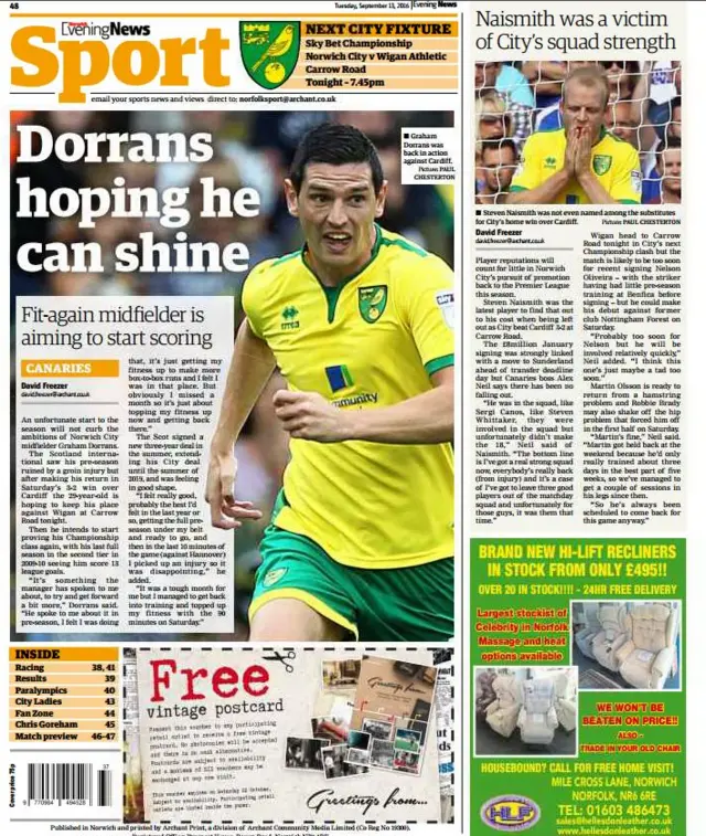 Back page of today's Norwich Evening News