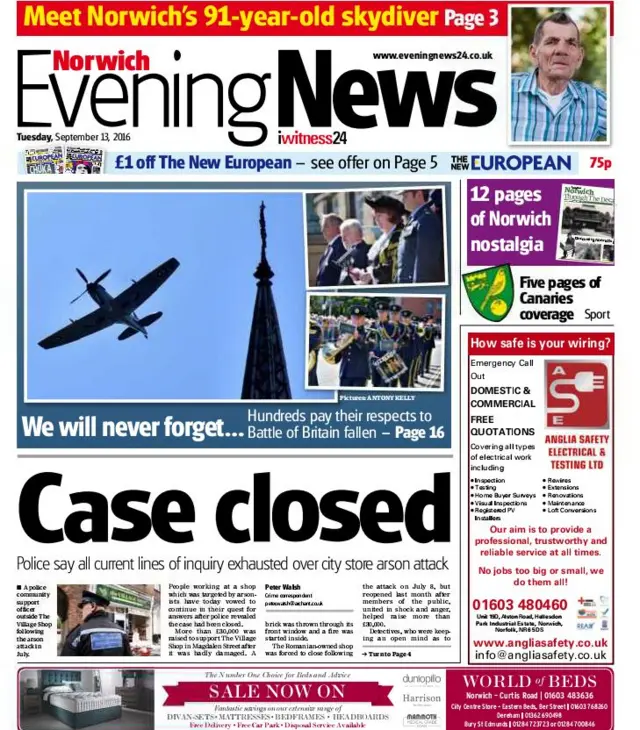 Front page of Norwich Evening News