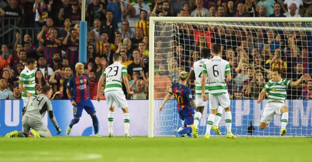 Neymar combines with Messi and it is the little Argentinian striker who pokes the ball into the Celtic net for his second goal of the night