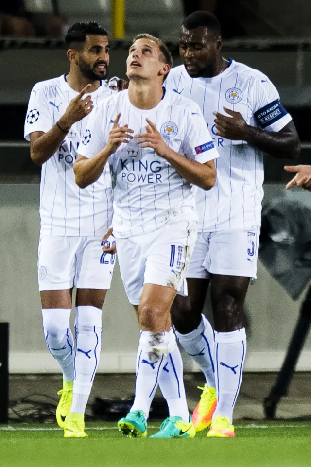 Marc Albrighton celebrates after scoring his goal