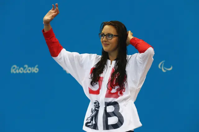 Silver medalist Jessica-Jane Applegate of Great Britain celebrates on the podium at the medal ceremony for Women's 200m Freestyle