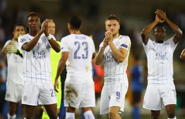 Jamie Vardy and his Leicester team-mates celebrate their win