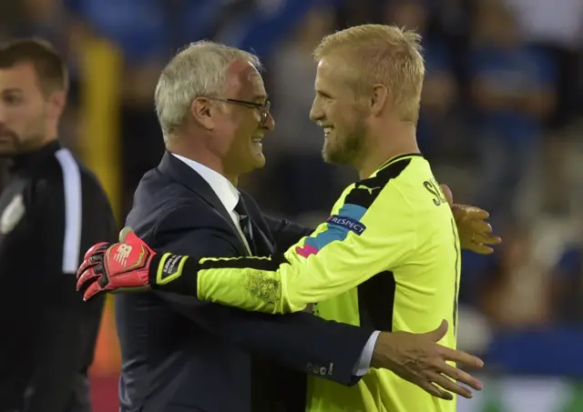 Claudio Ranieri and Kasper Schmeichel celebrate Leicester's win