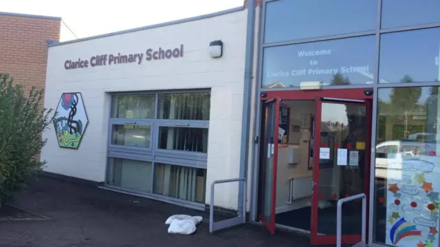 Clarice Cliff Primary School with sandbag outside