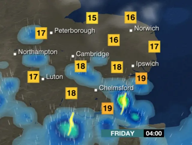 Weather chart for 04:00, showing heavy rain and storms across parts of East Anglia