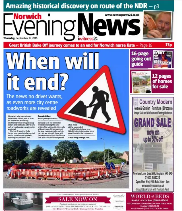 Front page of Norwich Evening News