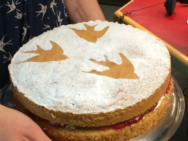 A close-up of the sponge cake, with icing sugar and a pattern of swallows on top