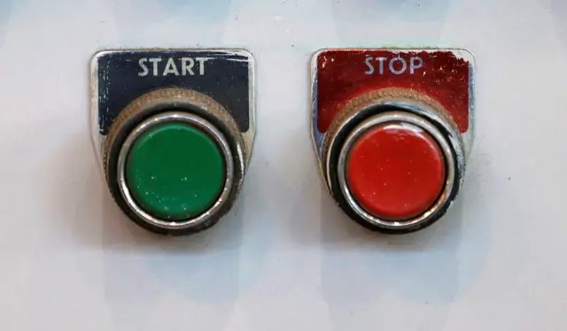 Start and stop buttons in the turbine hall inside EDF Energy's Hinkley Point B Power Station in Bridgwater, in 2012.